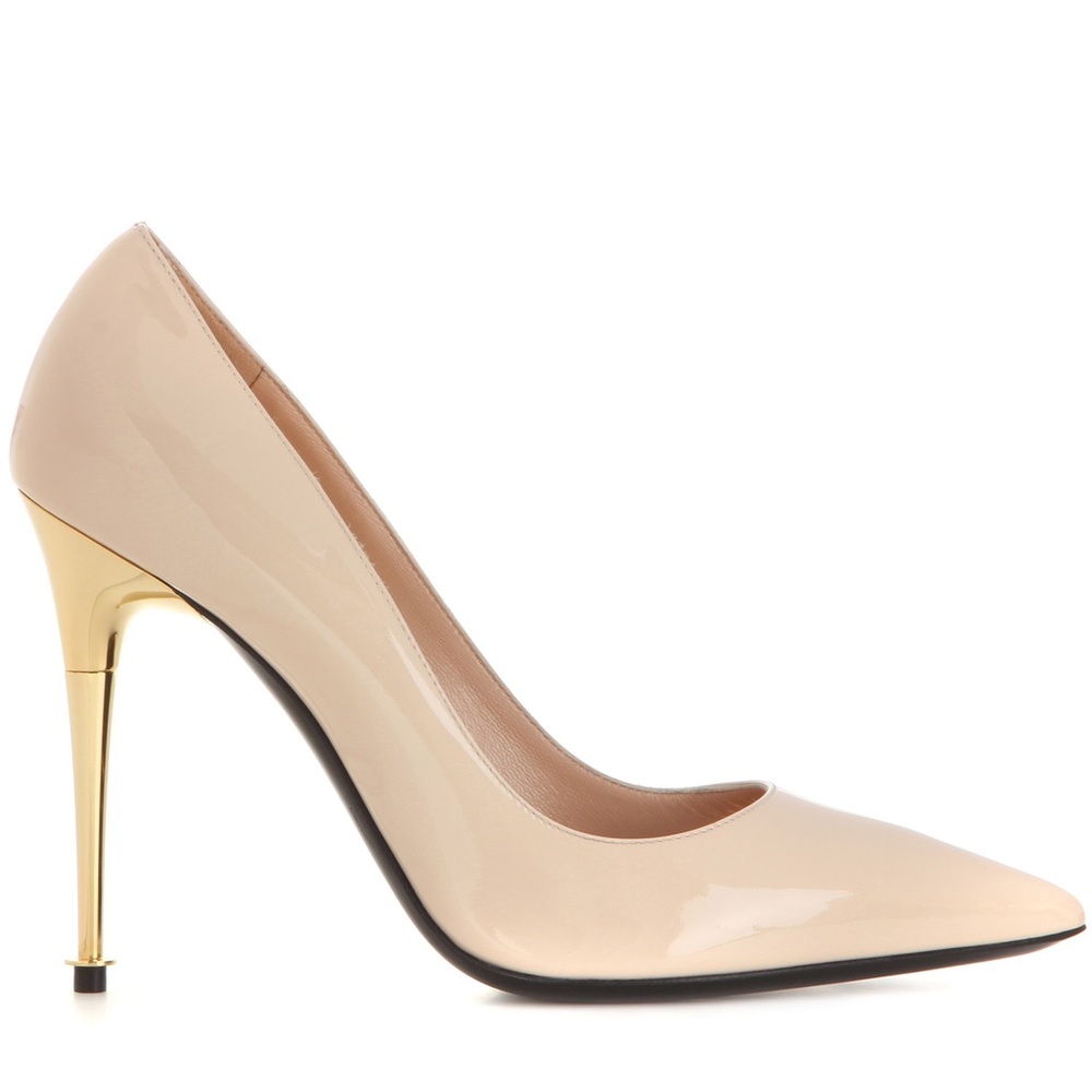 Tom Ford Nude Natural Patent Leather Gold Stiletto Heel Pointed Toe Pumps Sz 39